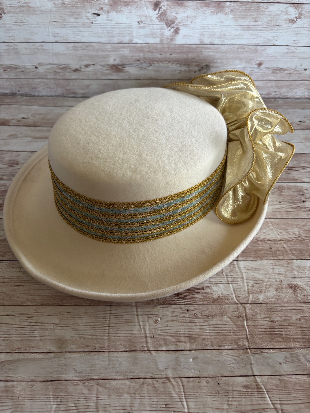 Vintage Ivory Dress Hat with Gold Ribbon Accent - Picture 8 of 10